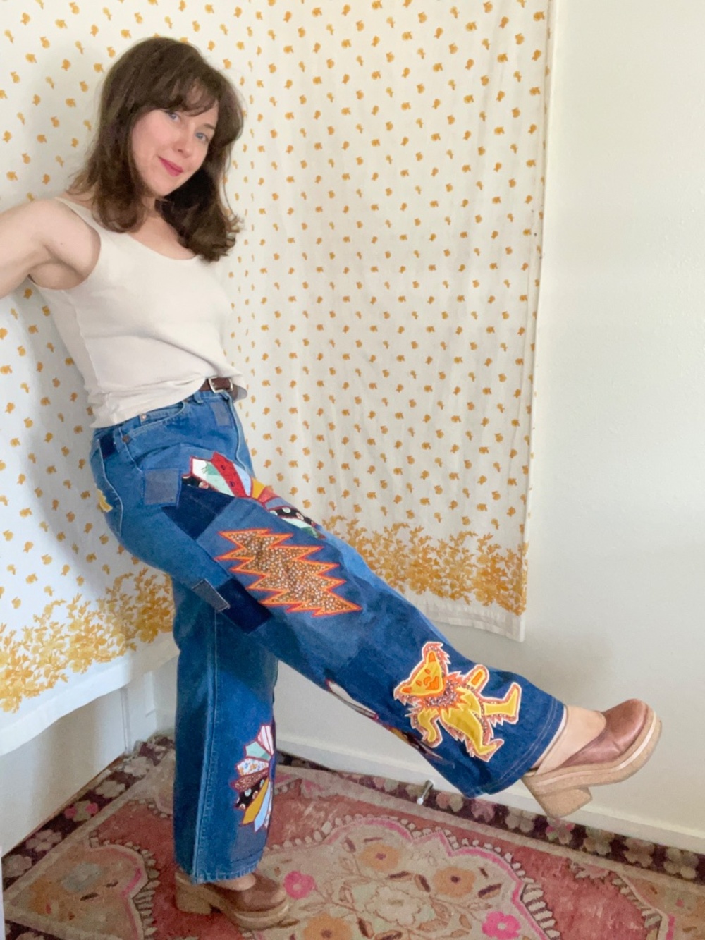 Vintage Lee Upcycled Patchwork Jeans 12P OOAK 70s Hippie Wide Leg - Picture 10 of 12